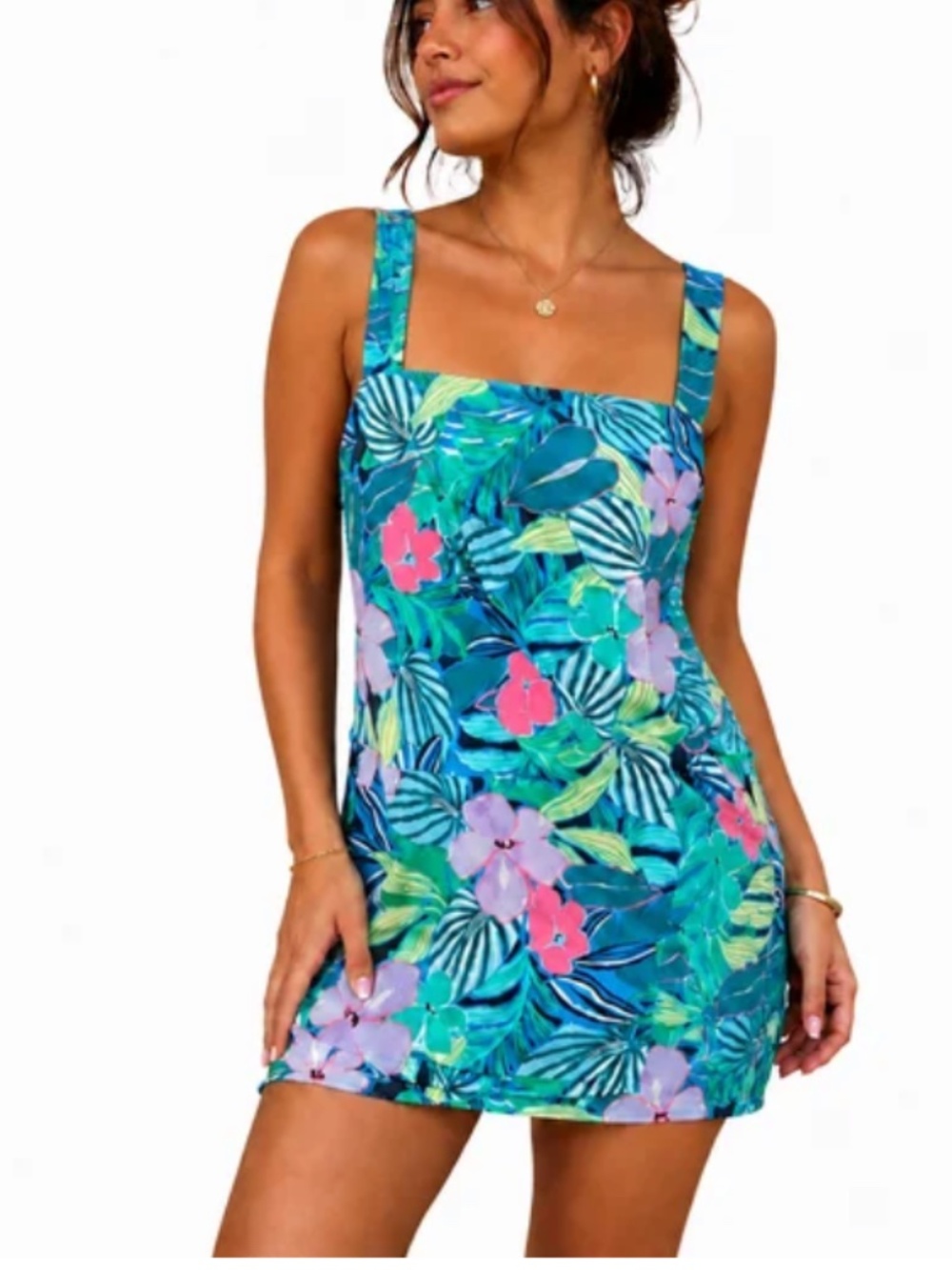 Beyond Control Womens Floral Colorful Square Neck Swim Dress XL